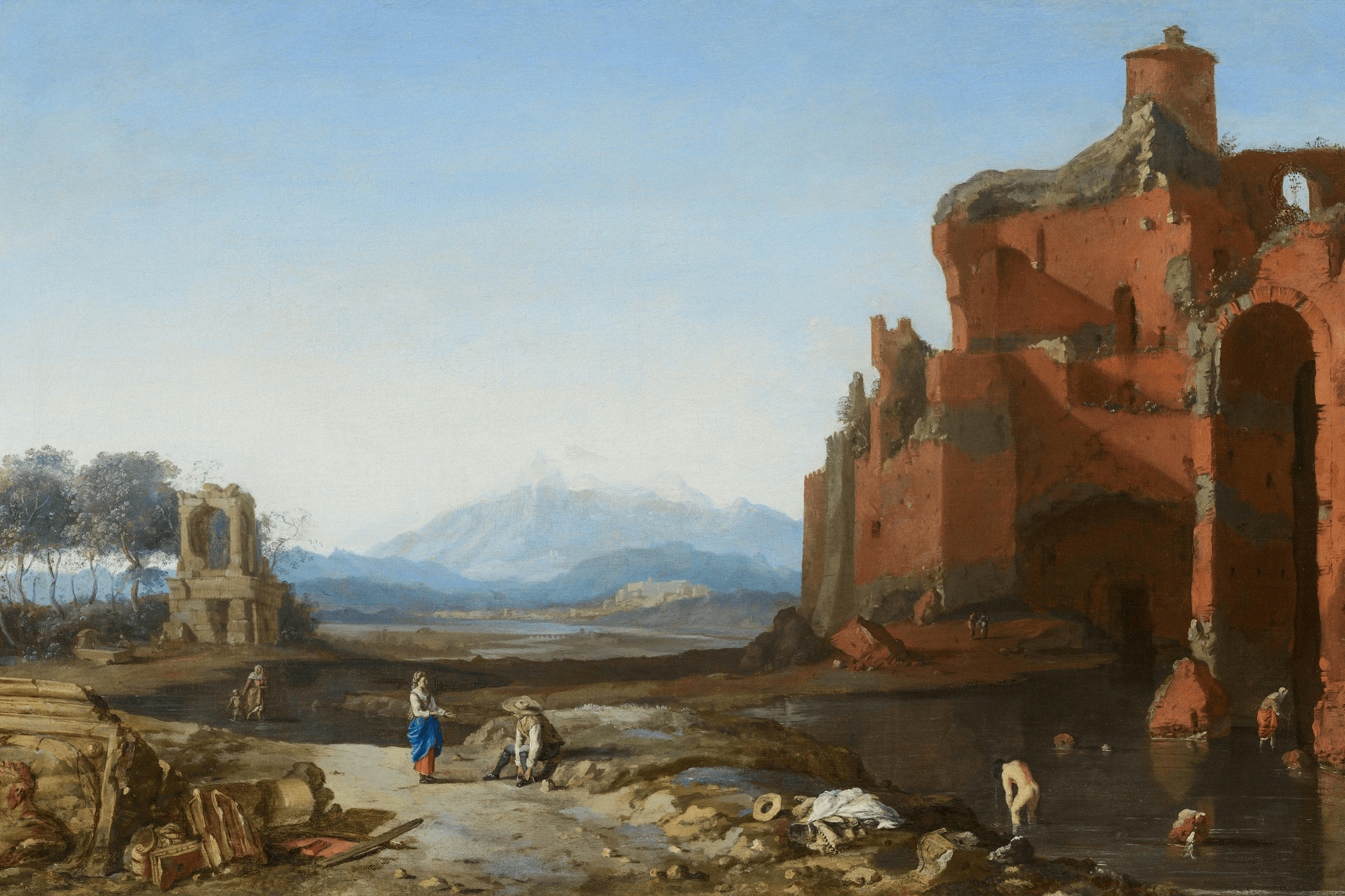 A classical painted landscape of ruins beside a river